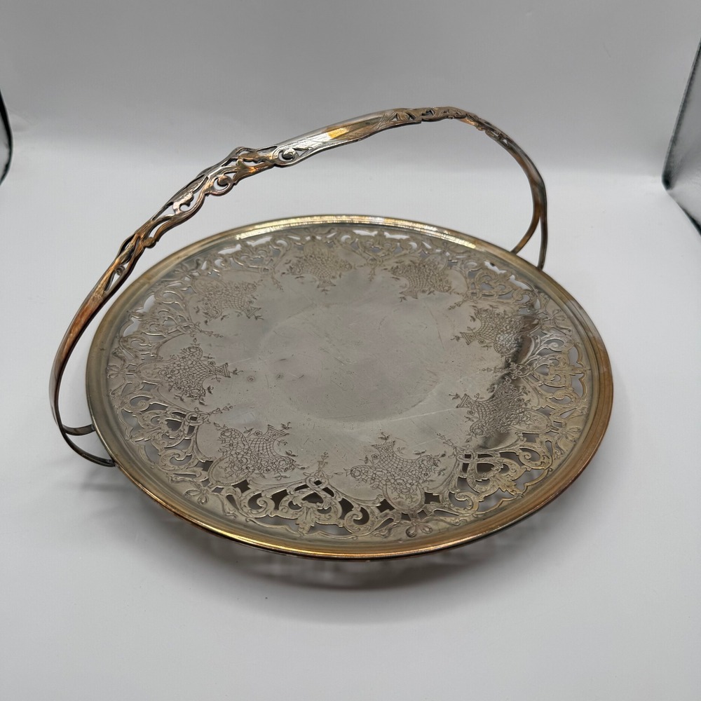Sheffield Reproduction Serving Tray 10in Silver Pierced Swing Handle 132
